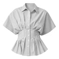 thumbnail image 5 of Women's Striped Blouse Peplum Hem Dressy Shirt Collared Short Sleeve Button Down Waist Fitted Business Casual Tops office Outfit Coffee, 5 of 5