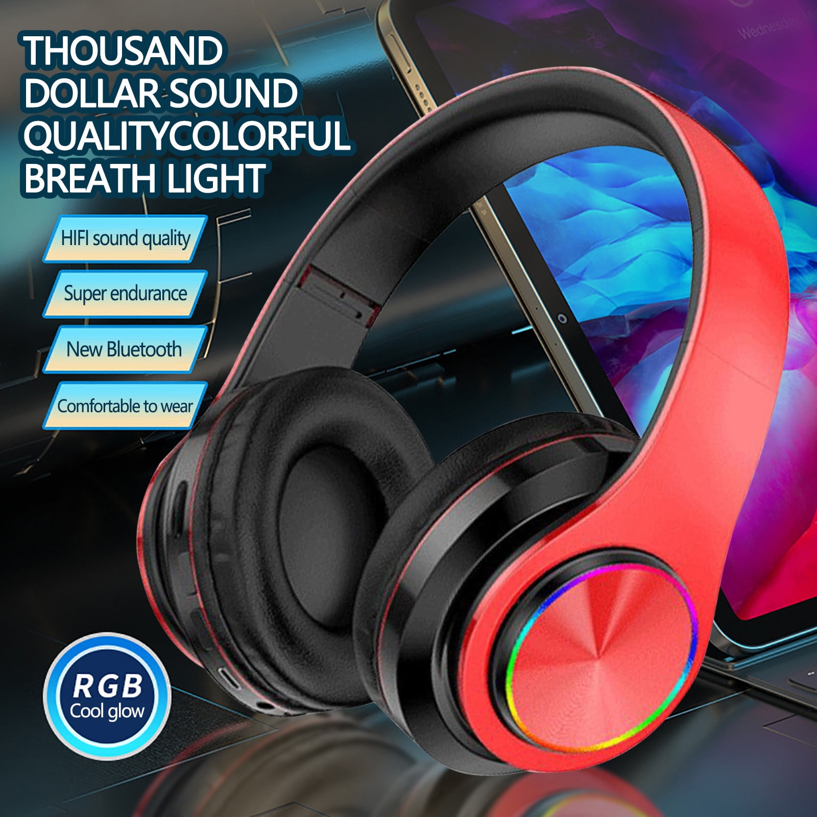Bluetooth Headphones Over-Ear, Foldable Wireless and Wired Stereo Headset Micro SD/TF, FM for Cell Phone,PC,Soft Earmuffs &Light Weight for Prolonged Wearing,Red