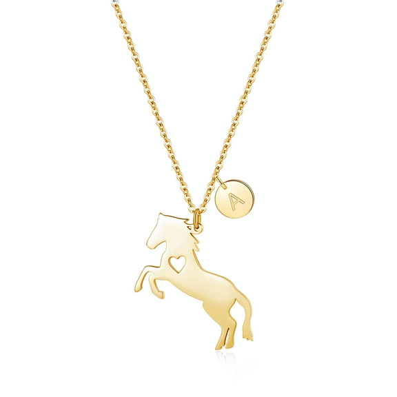 LinnaLove Stainless Steel Horse Necklace Pendant with 26 Initials disc charm(Gold-Initials: A)