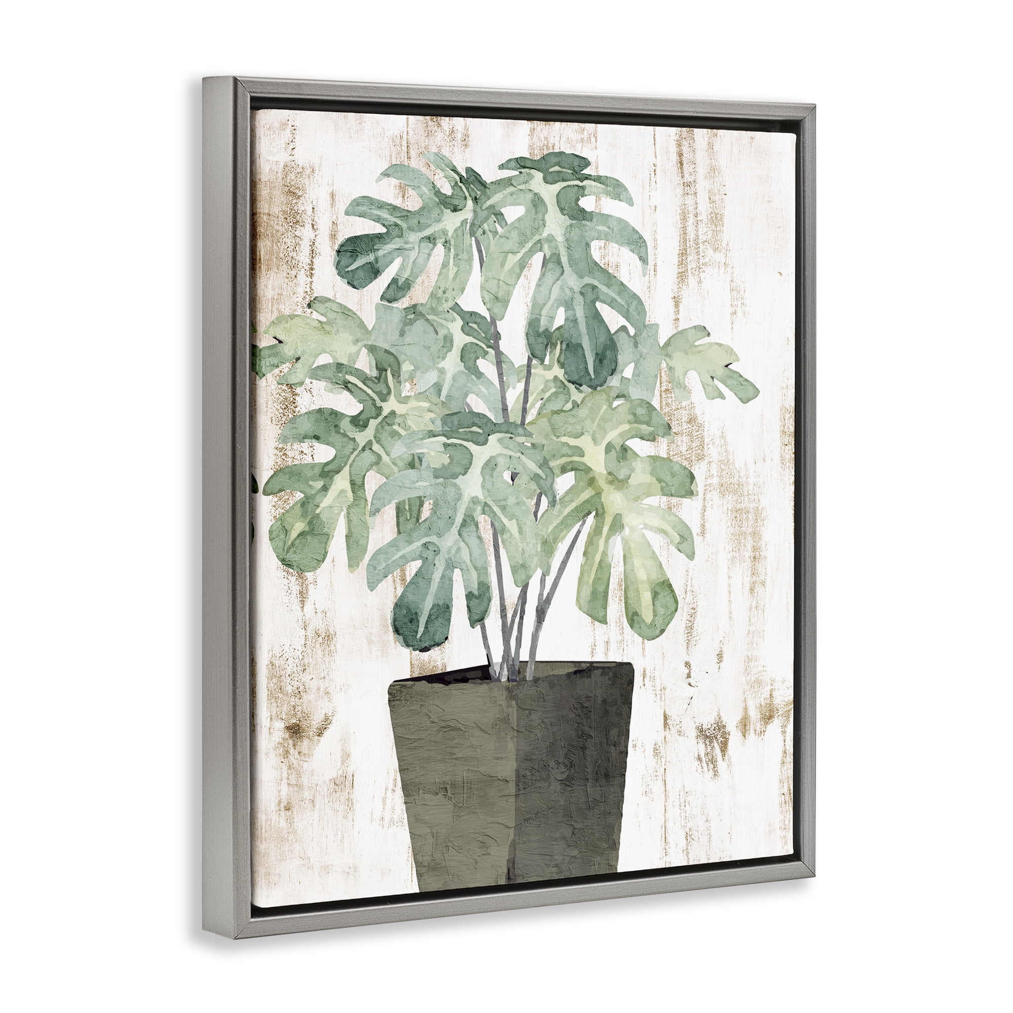 Stupell Industries Flower Pot Greenery Botanical & Floral Painting Gray Floater Framed Art Print Wall Art, 25 x 31