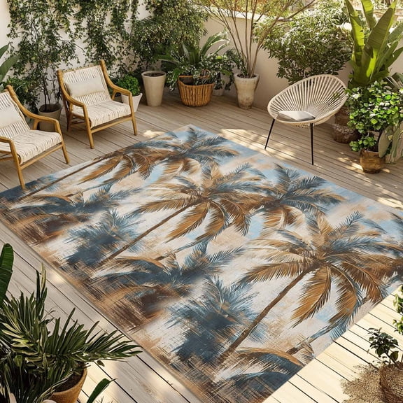Fsddascl Navy Blue Brown Palm Tree Outdoor Rug for Patio/Deck/Porch, Non-Slip Large Area Rug 4 x 6 Ft, Tropical Leaves Vintage Indoor Outdoor Rugs Washable Area Rugs, Reversible Camping Rug Carpet