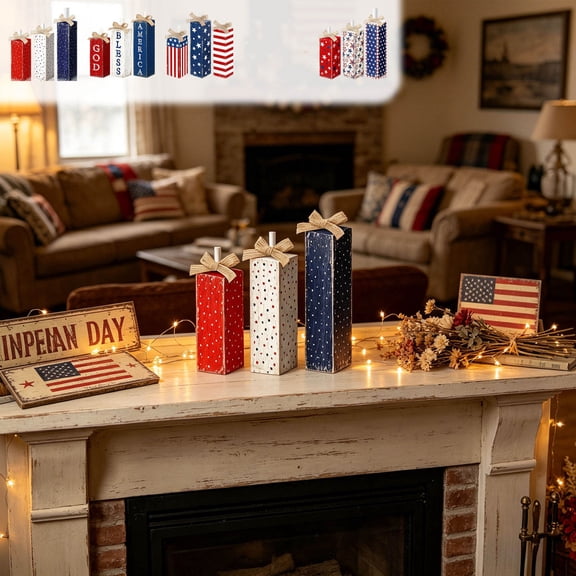 AYktou 3 Pcs 4th of July Wooden Candle Holders Set, 250th Anniversary Independence Day Red White Blue Star Candlestick with Jute Bow, Patriotic Table Centerpieces Tabletop Sign Indoor Home Decor