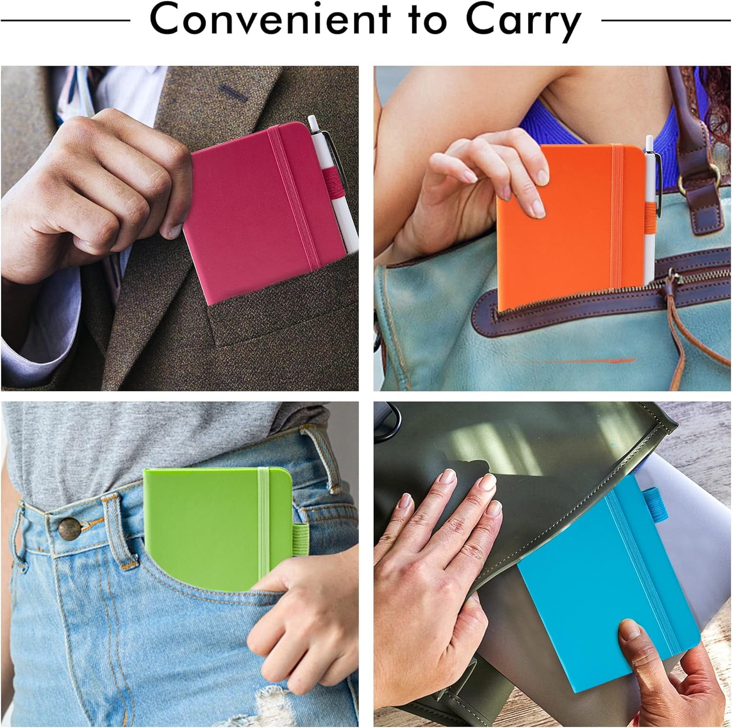 feela Pocket Small Notebooks Bulk, Mini Cute Notepads Hardcover College Ruled Lined Journals with Pen Holder for Business Memos, with 15 Black Pens, 3.5”x 5.5”, 15 Pack, A6, Solid Colors