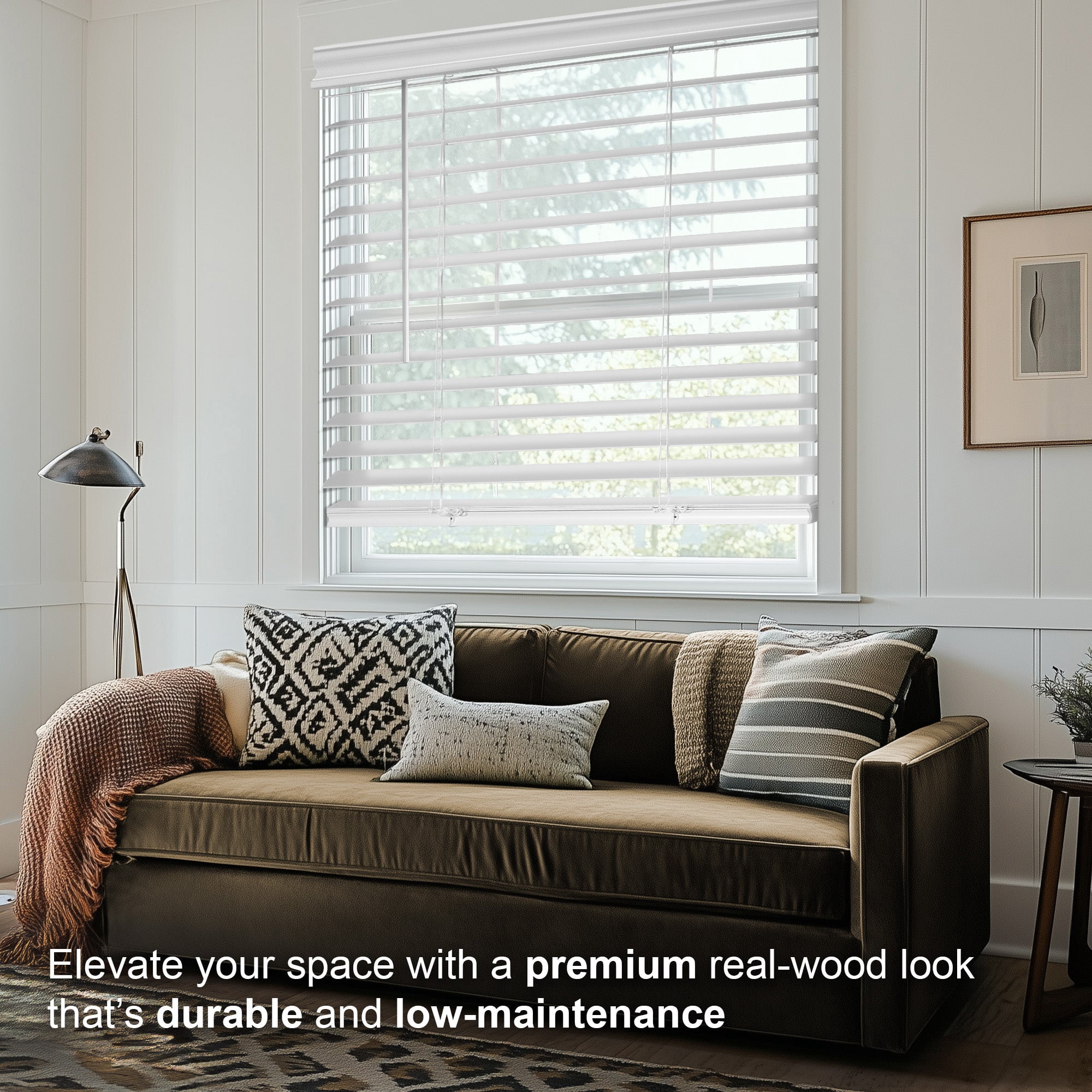 Chicology Cordless Faux Wood Blinds 2 in Slats Blackout No Hole Design Valance, 49.25"W X 48"H