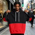 thumbnail image 2 of Men's Hoodie Drawstring Hooded Long Sleeve Color Block with Kangaroo Pocket Soft Touch Pullover Basic Top for Fall Winter Everyday Wear and Weekend Outings Black 3XL, 2 of 6