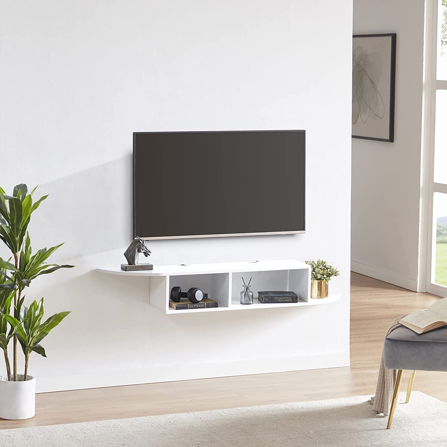 Floating TV Stand, Wall Mounted Entertainment Center and Cabinet Shelf, TV Console with Storage, Media Console for DVD Player, Space-Saving Under TV Shelf for Bedroom, Living Room (White)