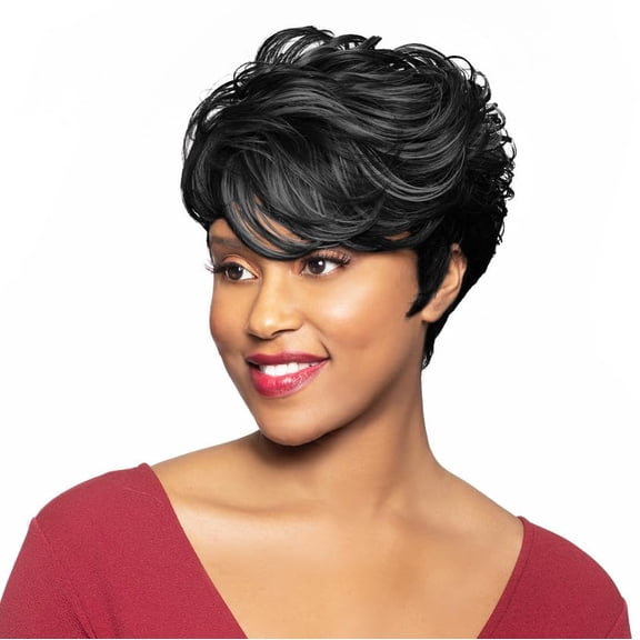 Gwendolyn Wig Color 1 Black - Foxy Silver Wigs Short Wavy Pixie Wispy Fringe Synthetic Fusion Heat Resistant African American Full Average Cap Bundle Hairloss Booklet, Comb