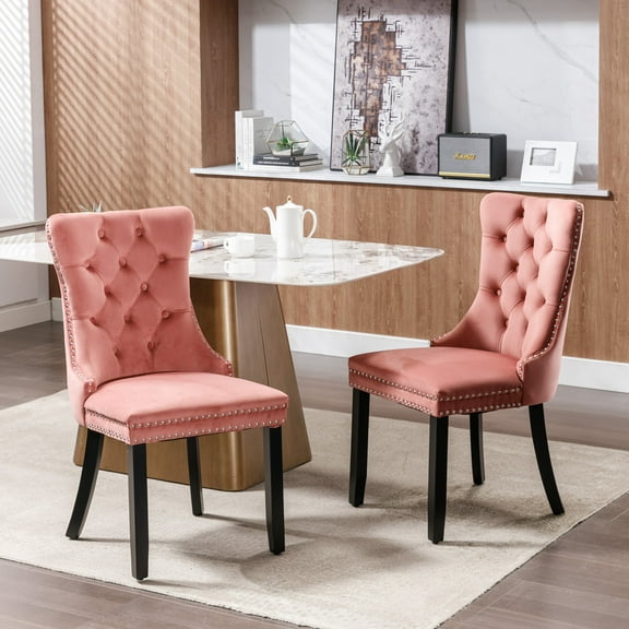 Set of 2 Velvet Dining Chairs,Upholstered Wing-Back Dining Chairs with Button Tufted Backrest and Nailhead Trim,Accent Armless Chairs with Solid Wood Legs for Kitchen Living Room Office,Pink