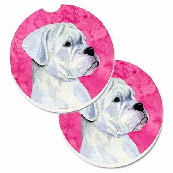 Pink White Natural Eared Boxer Set of 2 Cup Holder Car Coaster