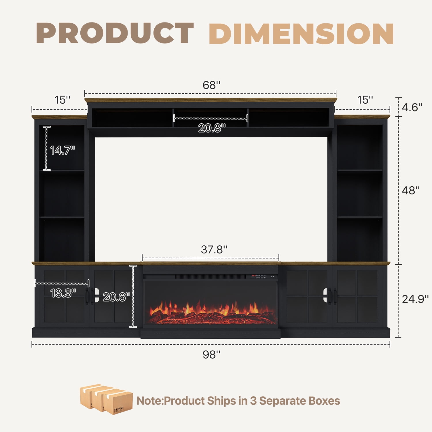 BaPiPro 98" Farmhouse TV Stand with Fireplace, Bookshelf, Entertainment Center for 75" TVs with Storage, Large Wall Unit Media Console for Living Room, Black