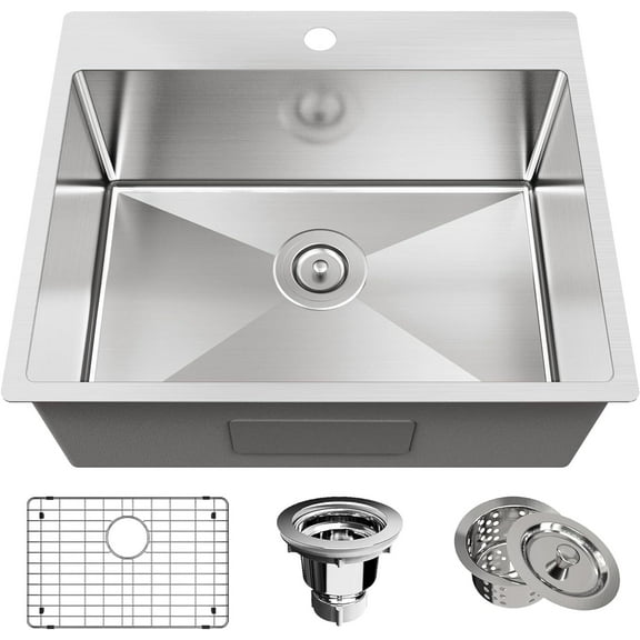 Kitchen Sink Stainless Steel 25 x 22 Inch Single Bowl Drop In Kitchen Sink Topmount 18 Gauge Stainless Steel Kitchen Sink Single Basin with Bottom Grid Drain Strainer Set