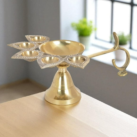 Brass Panch Mukhi Diya Pooja Deepak Decorative Temple Religious Arti Lamp For Mandir And Home Set of 1