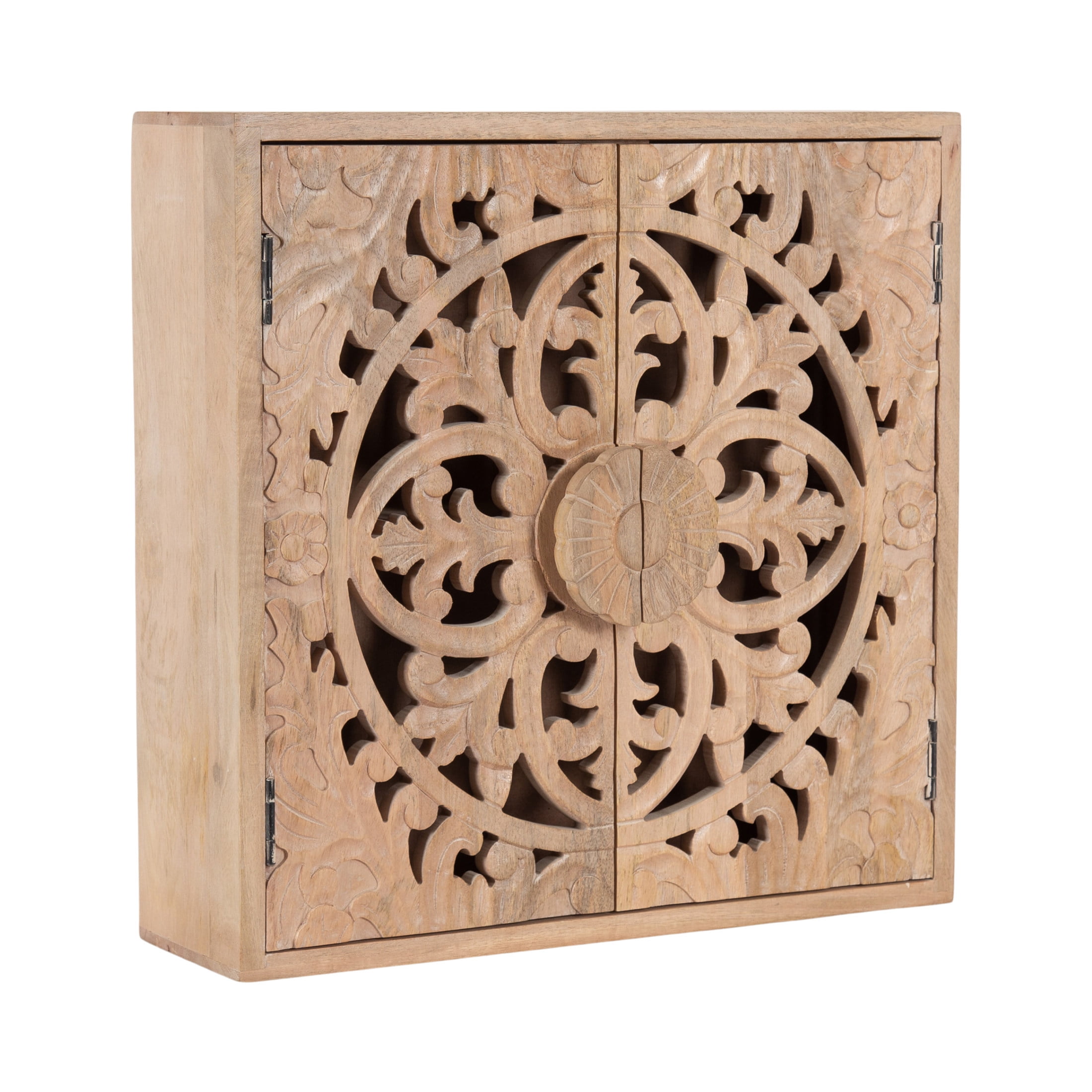 Kate and Laurel Saanvi Traditional Carved Wood Wall Cabinet, 20 x 6 x 20, Light Natural, Dimensional Over the Toilet Storage Cabinet for Bathroom Storage and Display