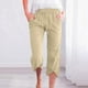 thumbnail image 2 of Pantalones 3/4 de mezcla de lino para mujer - Cintura con cordón, color liso, bolsillos laterales - Pantalones cómodos e informales, 2 of 8