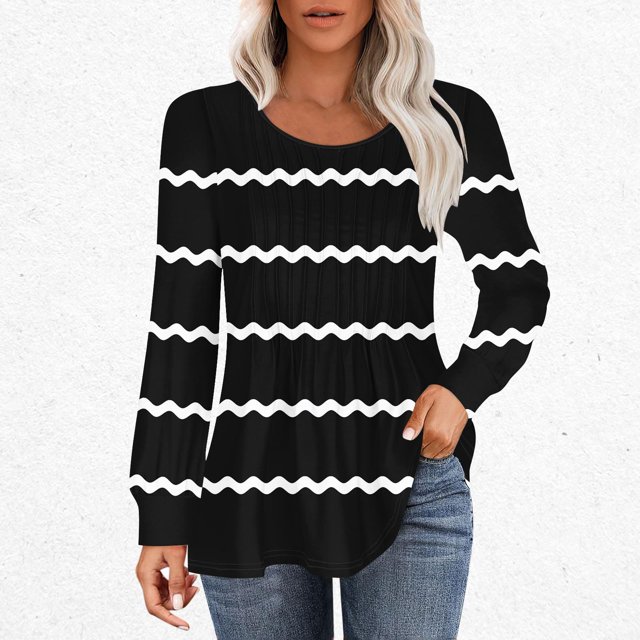 RXIRUCGD Hauts Décontractés Mode pour Femmes Col Rond Plissé Rayé Manches Longues, Noir, Taille : S
