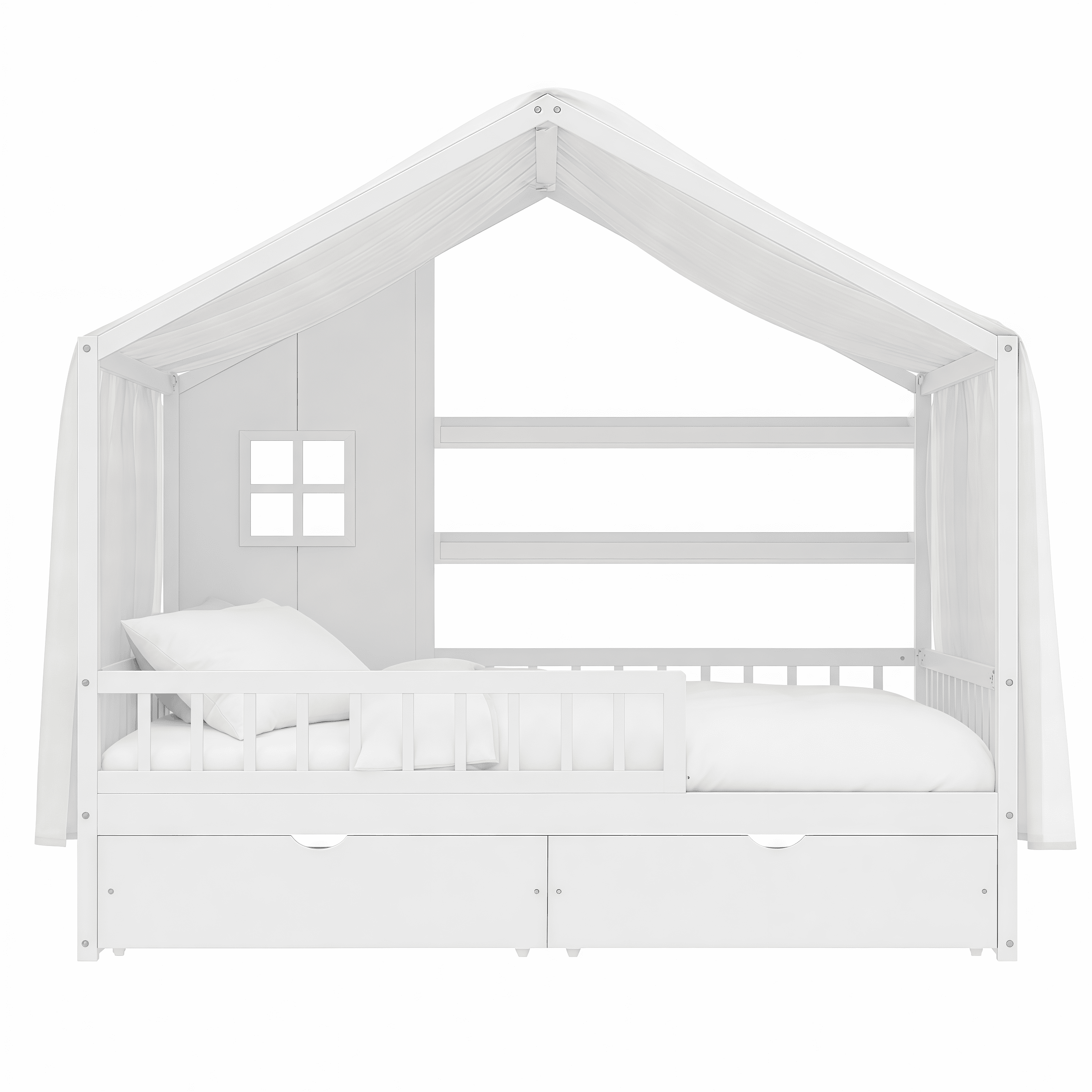 Euroco Wood Full Size House Bed with Roof and Curtains, Montessori Floor Bed with Drawers and Safety Guardrails,No Box Spring Needed, White