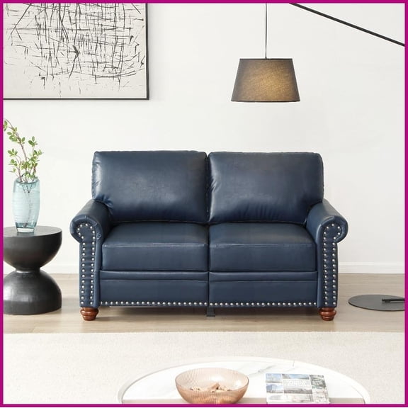Navy Blue Faux Leather Loveseat – Modern Living Room Sofa with Silver Nail Trim, Under-Seat Storage & Sturdy Frame