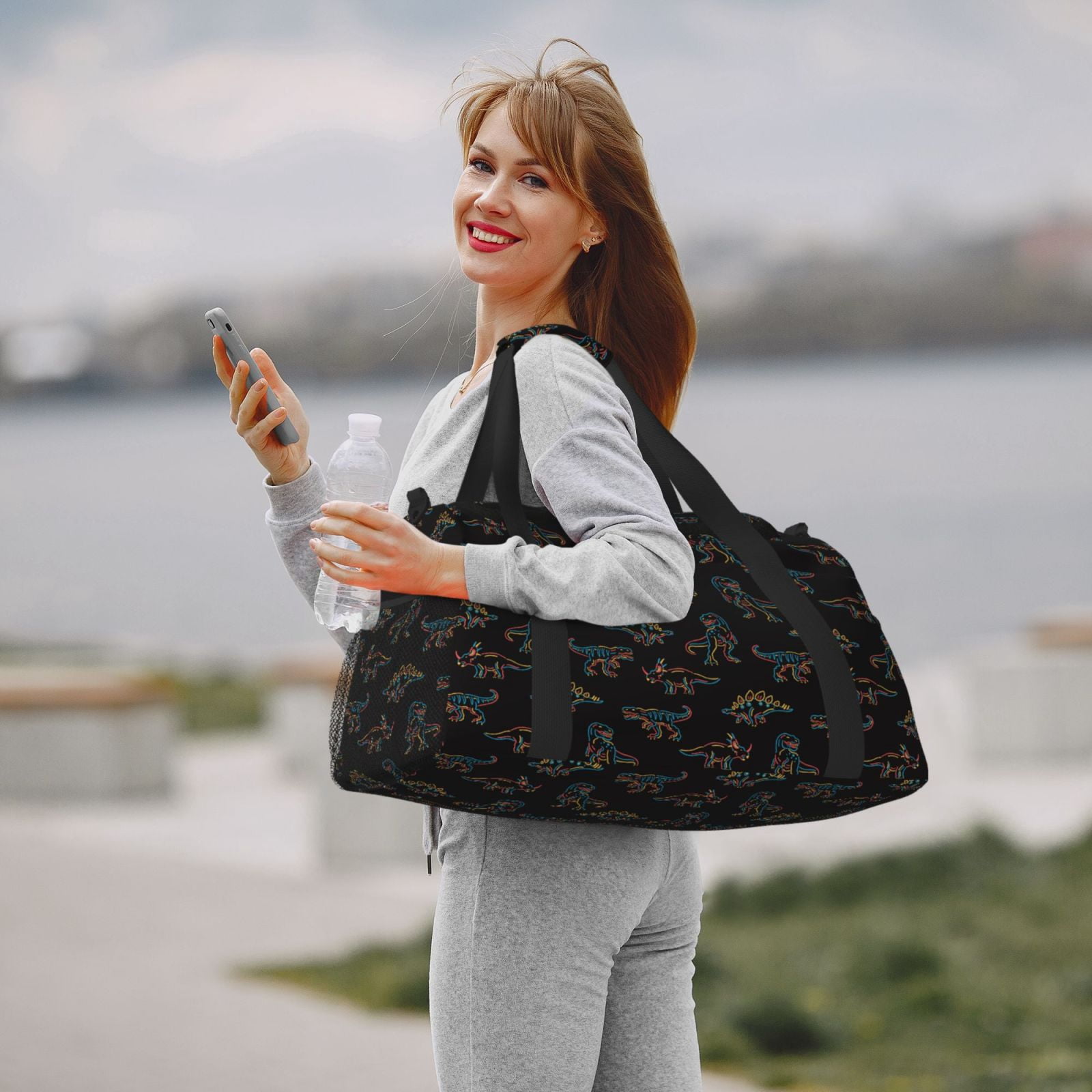 Kuqiui Neon Dinosaur Print Foldable Travel Duffel Bag Tote Carry on Luggage Bag Personal item Sports Gym Bag Water Resistant Weekender Overnight Bags for Women and Men