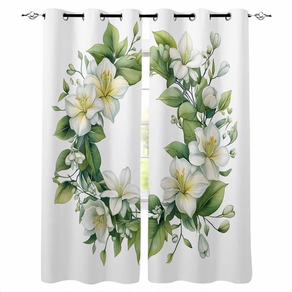 Green Floral Wreath Kitchen Curtains Spring Farmhouse Blooms Cafe Short Curtains for Bathroom Blackout Window Curtain Grommet Small Window Treatment Tier Drapes for Bedroom Living Room 27.5"x39"x2