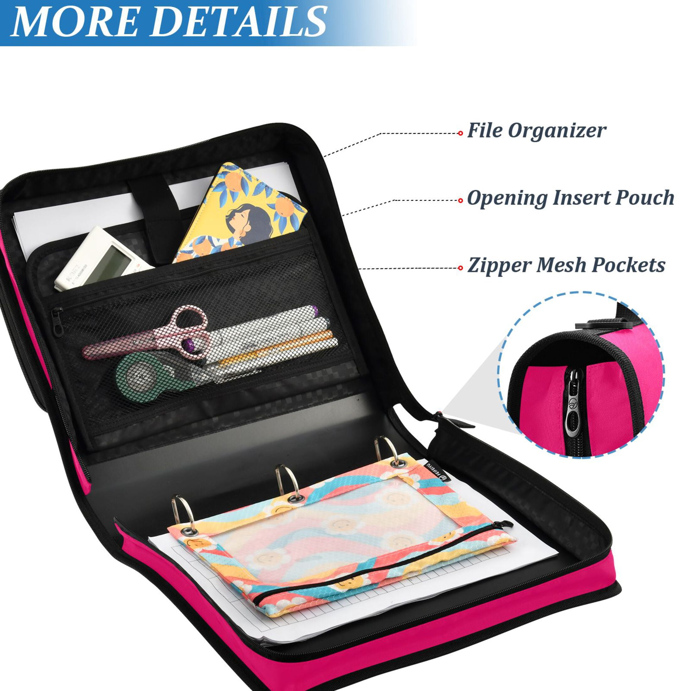 ALAZA Zipper Binder Deep Pink 3 Ring Trapper Keeper File Folder Organizer Bag