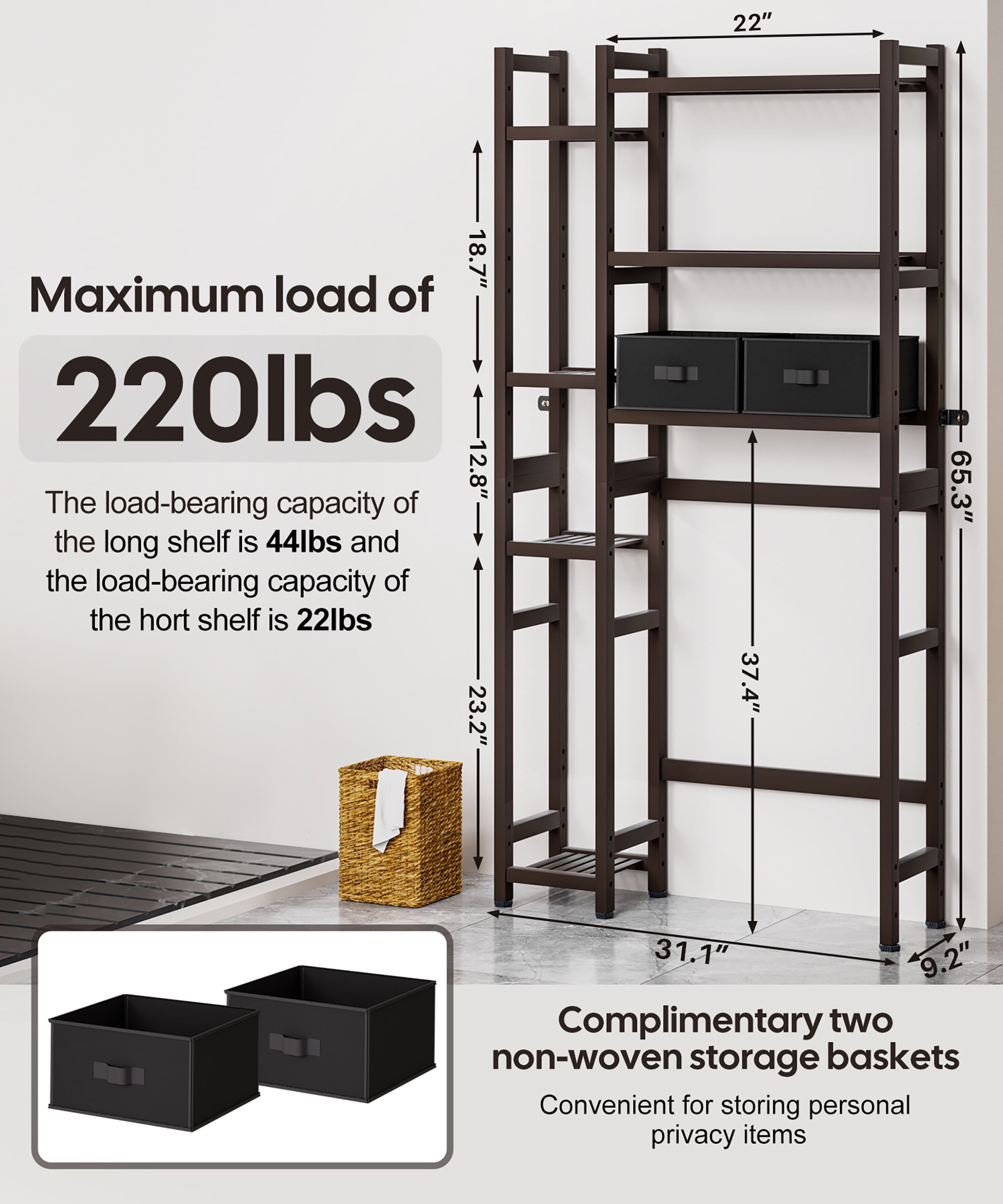 Enogets Over the Toilet Storage, Bamboo Bathroom Organizer with Adjustable Rack, Basket, Drawer & Waterproof feet