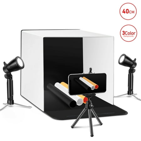 ESDDI Photo Light Box Photography 16"x16"/40x40cm Portable Table Top Lighting Shooting Tent Kit Foldable Cube with 2x20 Led Lights 3 Color Backdrop for Jewellery Product Advertising