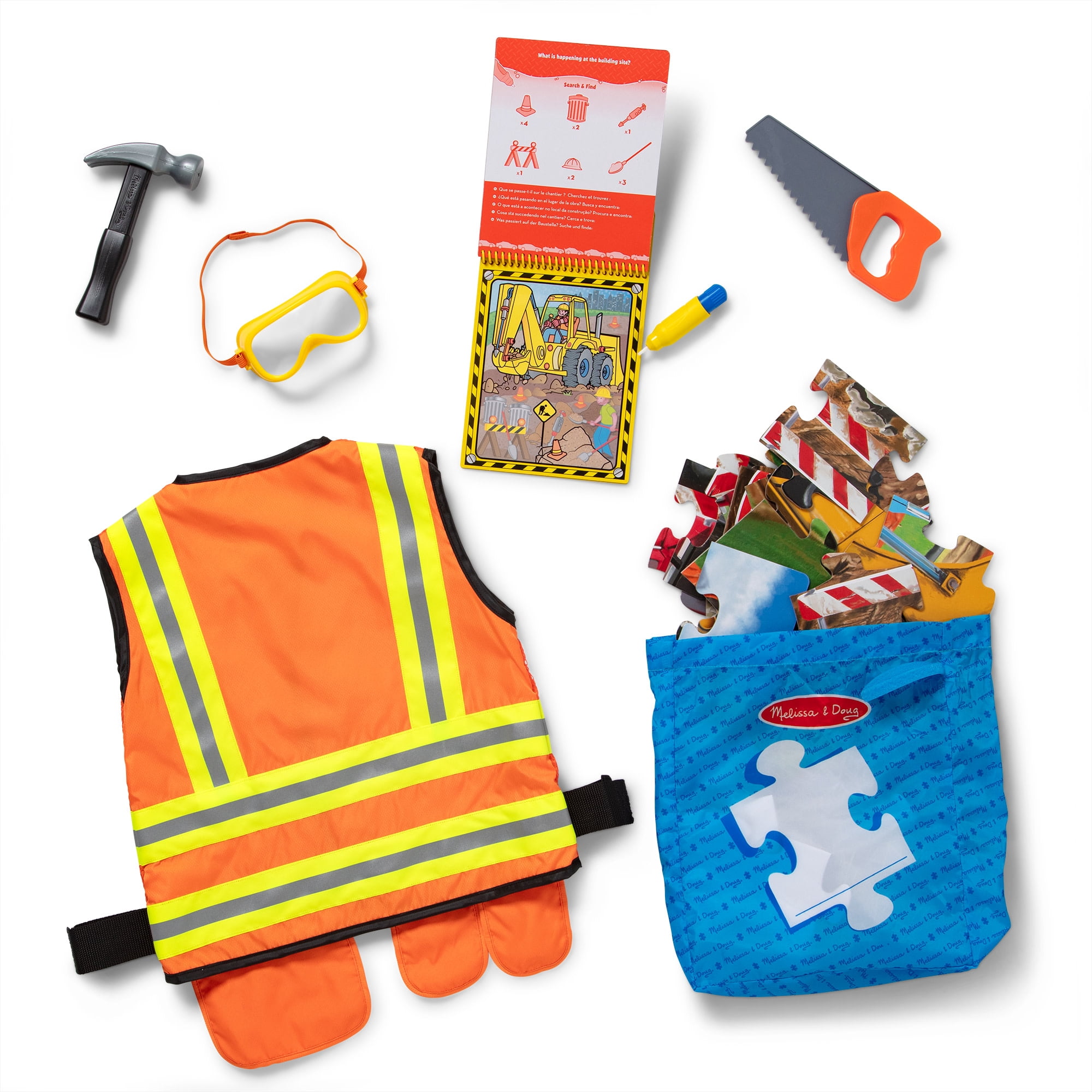 Melissa & Doug Construction 3-in-1 Deluxe Collection Themed Gift Set – Costume Role Play, Puzzle, Water WOW! - FSC Certified