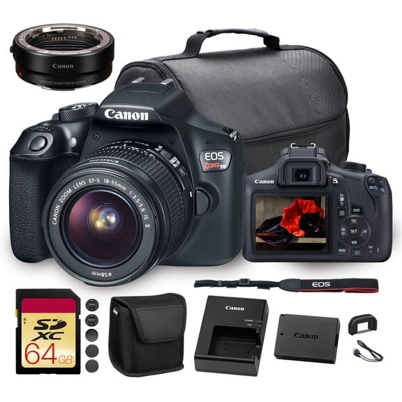 Canon EOS Rebel T6 DSLR Camera with 18-55mm Lens (1159C003) EF-EOS R Adapter Bag 64GB Card