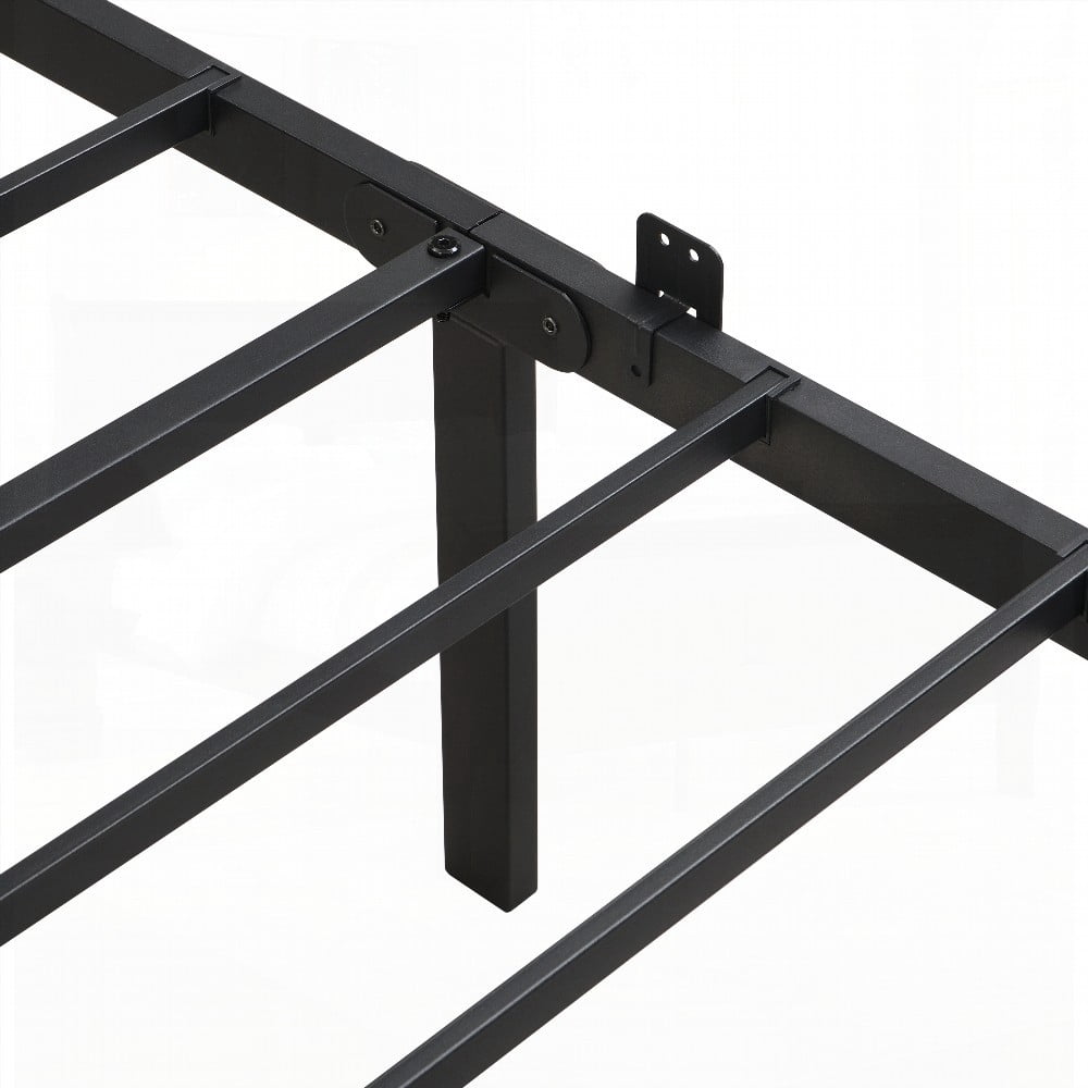 King Size Metal Platform Bedframe with Wood Panel Headboard, Black, for Bedroom