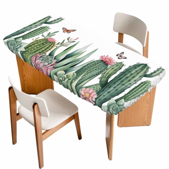 Green Cactus Table Cloths for 3 Foot Rectangle Tables, Tropical Summer Botanical Watercolor Patio Waterproof Elastic Fitted Tablecloths, Washable Rectangular Table Cover for Camping