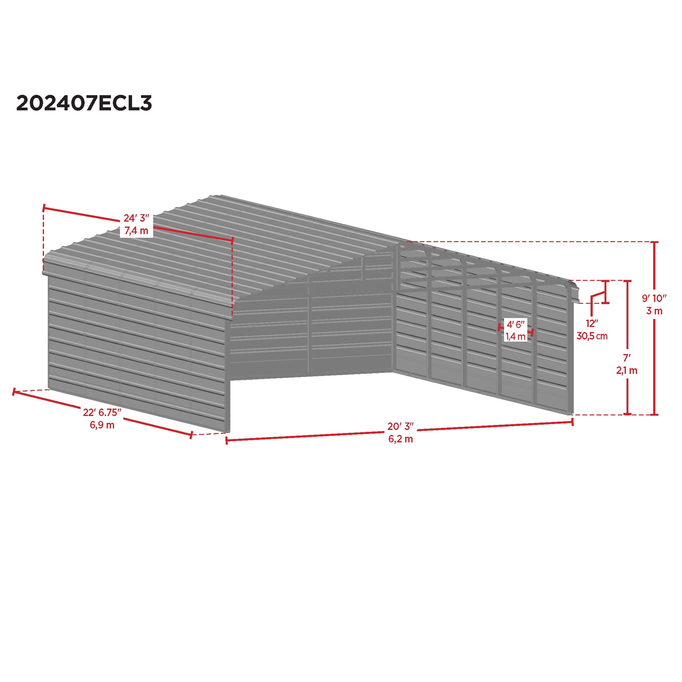 Arrow 20 x 24 x 7 ft Charcoal Steel Carport With 3 Wall Kit