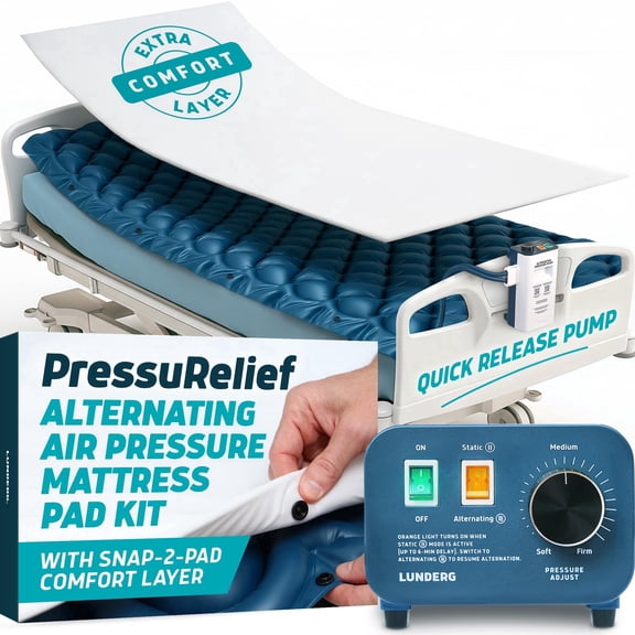 Lunderg PressuRelief Alternating Air Pressure Mattress Pad - with Snap-2-Pad Comfort Layer & Static Mode - Quiet Pump, Comfortable Bed Sore Prevention Mattress Topper for Hospital Bed or Home