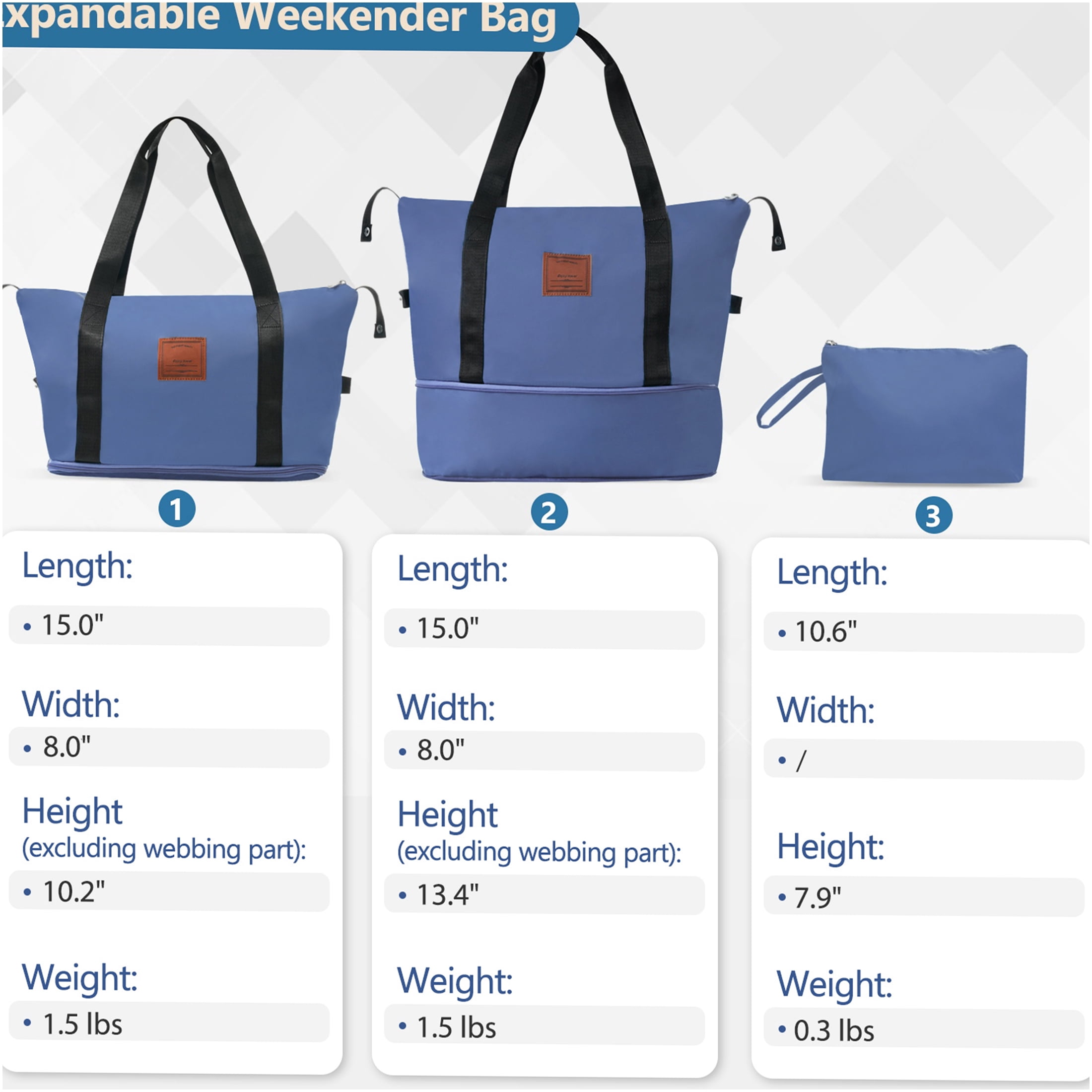 JERFIT 3-Piece Carry On Luggage Set with Spinner Wheels, Lightweight ABS Hardshell Suitcase, Expandable Duffel & Toiletry Bag for Air Travel, Weekend Trips, Business - Blue