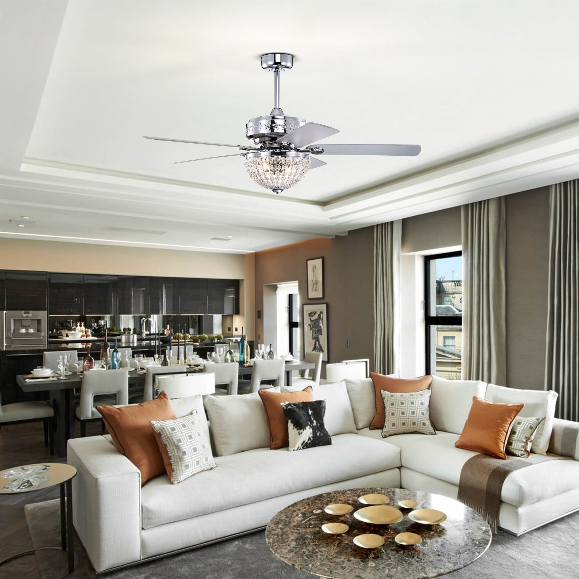 Warehouse of Tiffany AW01W03CR Itzel 52 in. 2-Light Indoor Chrome Finish Ceiling Fan Chandelier with Light Kit