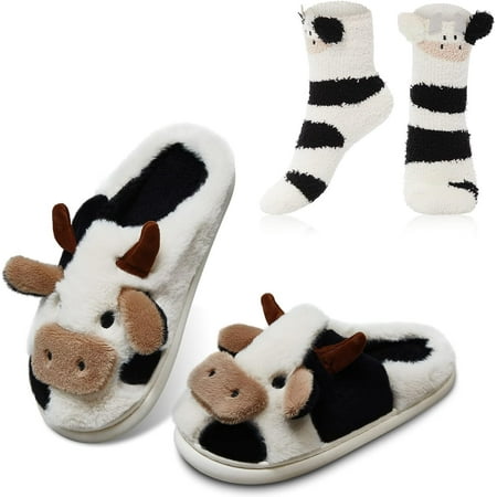 

Women Fuzzy Slippers Soft Cow Slippers Kawaii Slippers Cow Animal Slippers Cute Slippers 3D Animal Winter Warm Slipper Socks Non Skid House Slippers