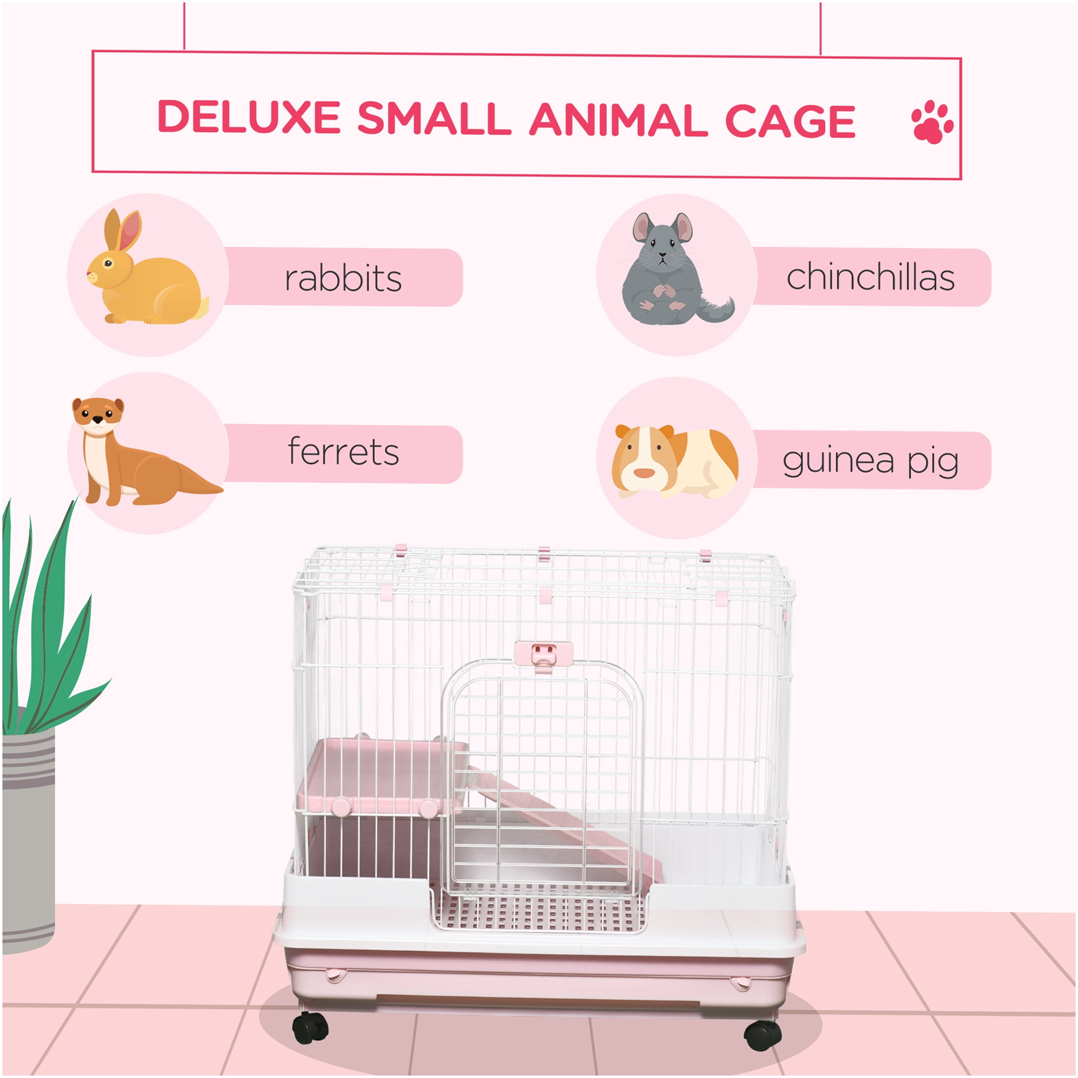 JERFIT 2-Tier Indoor Rabbit Hutch with Wheels, Removable Tray & Ramp, Small Animal Cage for Rabbits, Chinchillas, Ferrets, Guinea Pigs, Pink