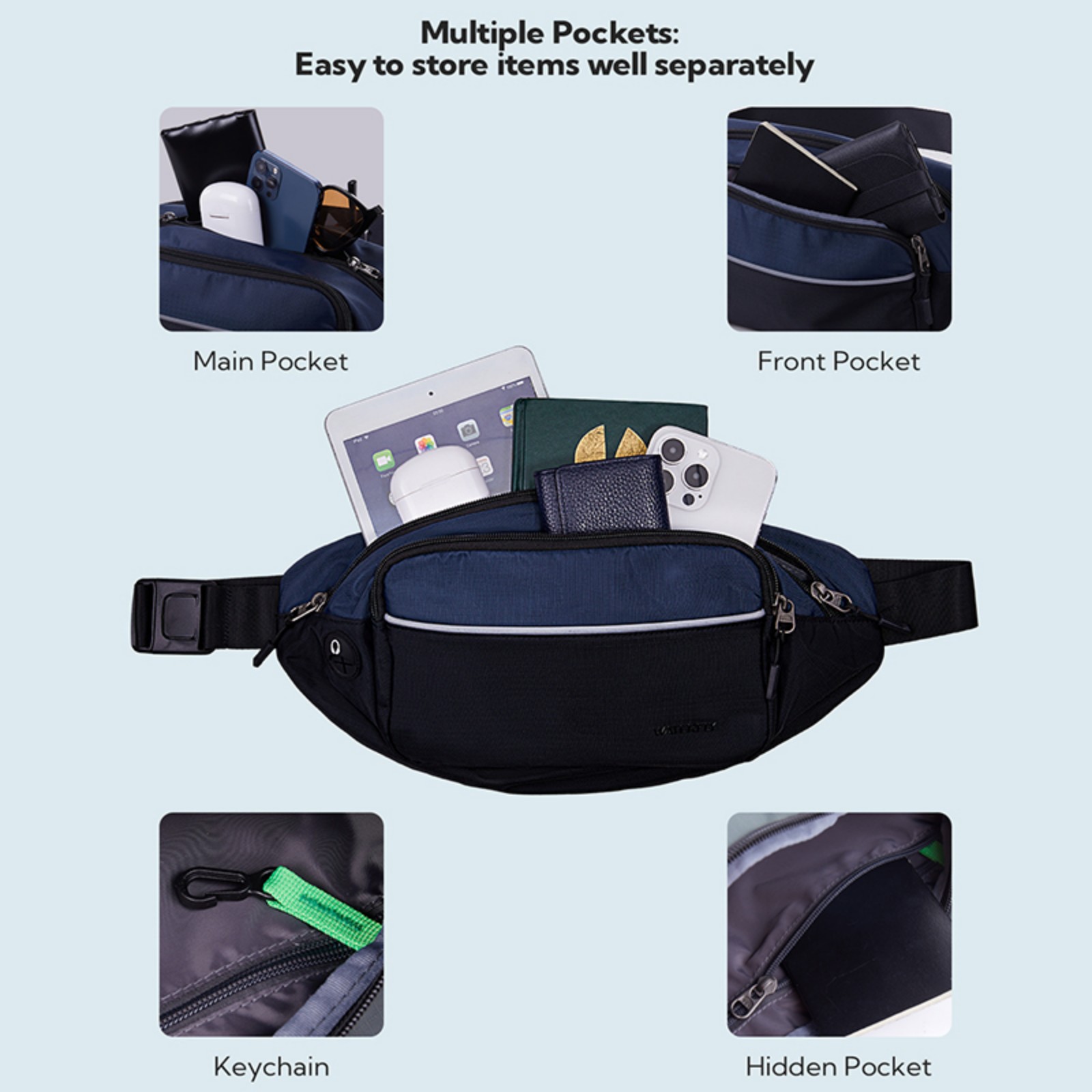 WATERFLY Unisex Hiking Walking Travel Nylon Fanny Pack Waist Bag,Black with Dark Blue