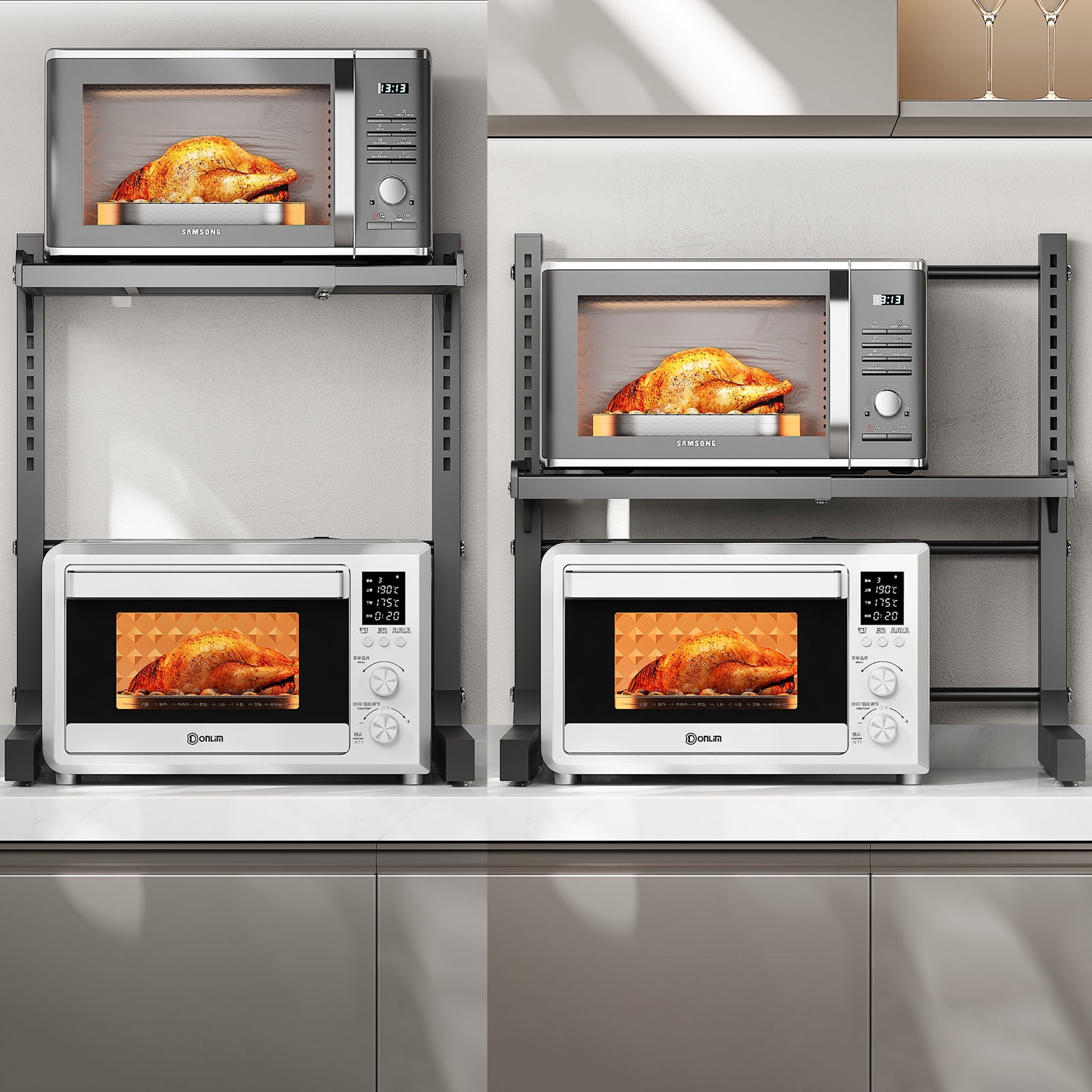 ABCOOL Retractable Adjustable 2 Axial Snap-in Kitchen Baker Microwave Oven Rack, Expandable and Height Adjustable Carbon Steel Shelf Counter Countertop with 3 Clip Hooks, Electric Oven Holder