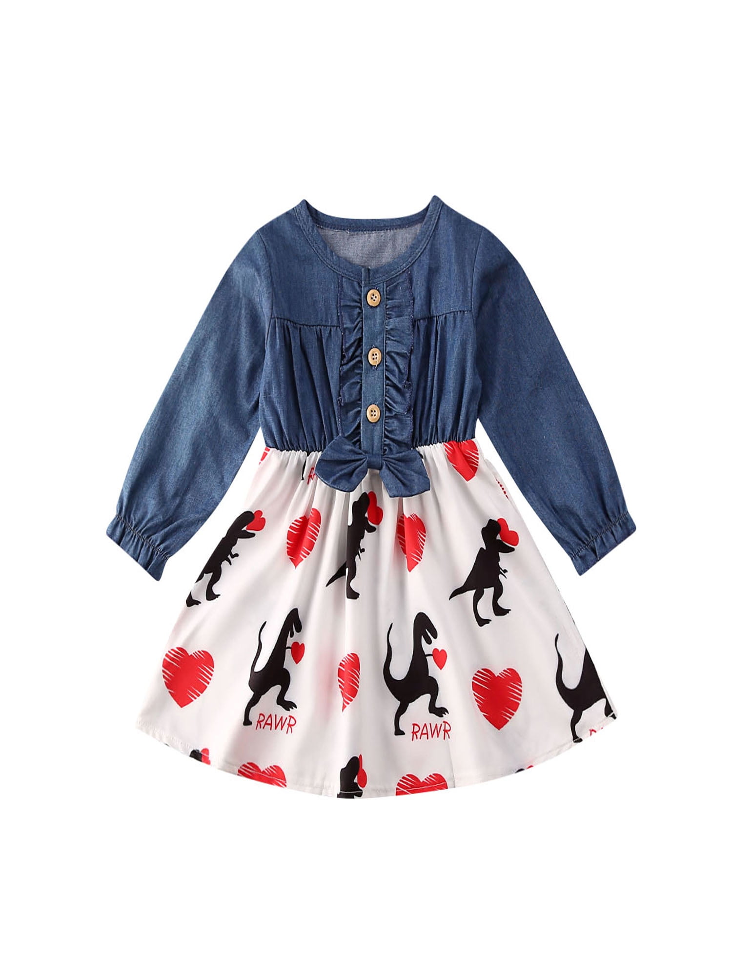 Jchen Little Girl Dress Toddler Little Girls Long Sleeve Cartoon Dinosaur Print Dress Outfits Clothes for 1-5 Y TM