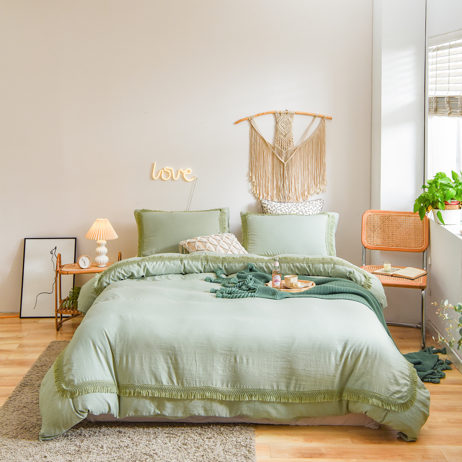 Move Over Dark Green Duvet Cover Set 2 Pieces 100% Washed Microfiber Tassel Pattern Boho Chic Bedding Twin