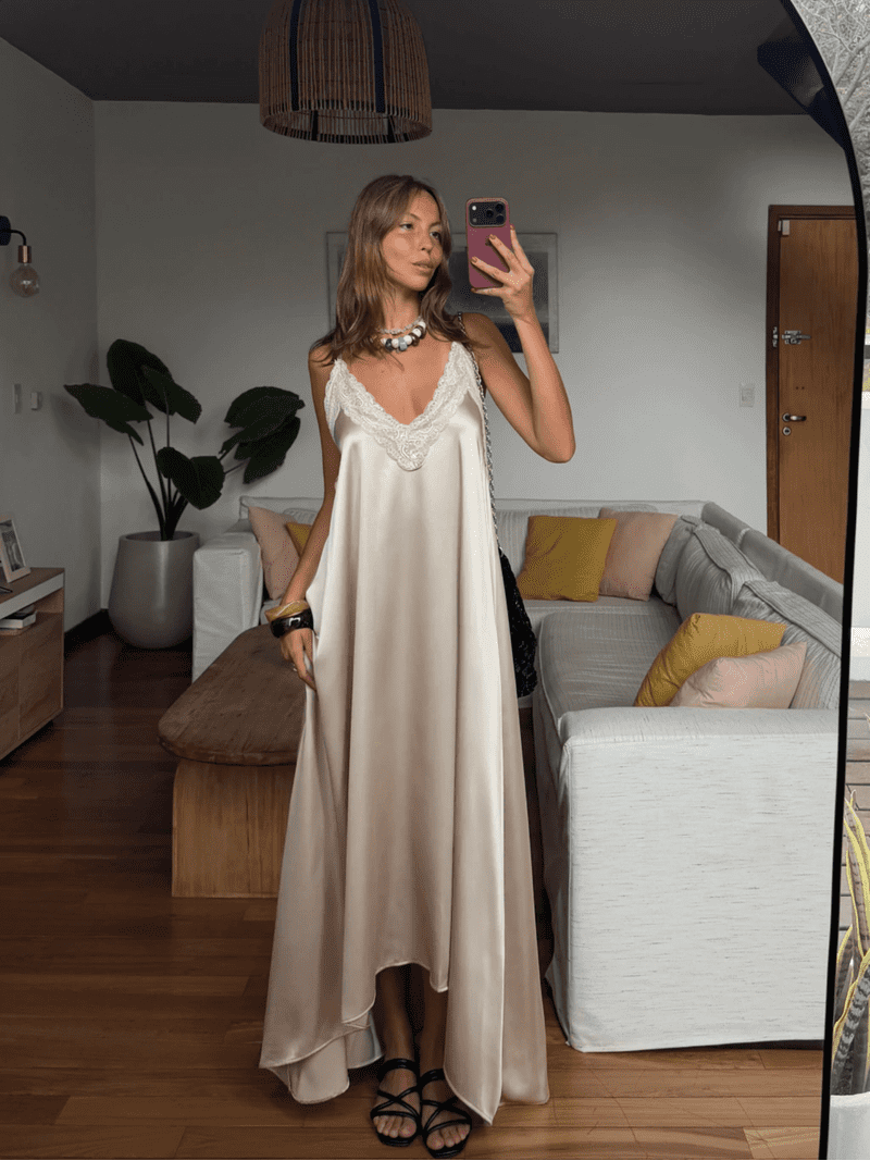 ivory lace slip dress Satin Lace-Trimmed V-Neck Spaghetti Strap Backless Maxi High-Low Flowy Loungewear RS-week4022