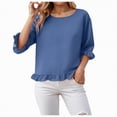 thumbnail image 2 of Towmus Womens 3/4 Sleeve Tops Knit Cotton Ladies Blouses Crew Neck T Shirts for Women Loose Fit Ruffle Sleeve Tunic Tops, 2XL, Dark Blue, 2 of 8