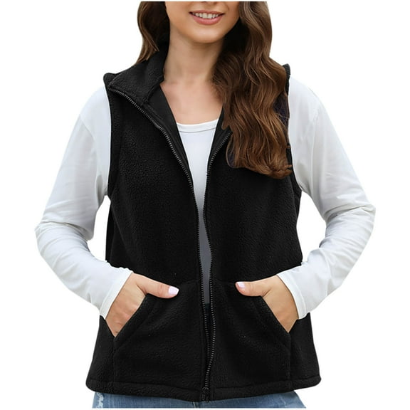 Ahdbta Fleece Vests for Women Casual Warm Zip Up Sleeveless Sherpa Jackets Fall Winter Lapel Outerwears with Pockets