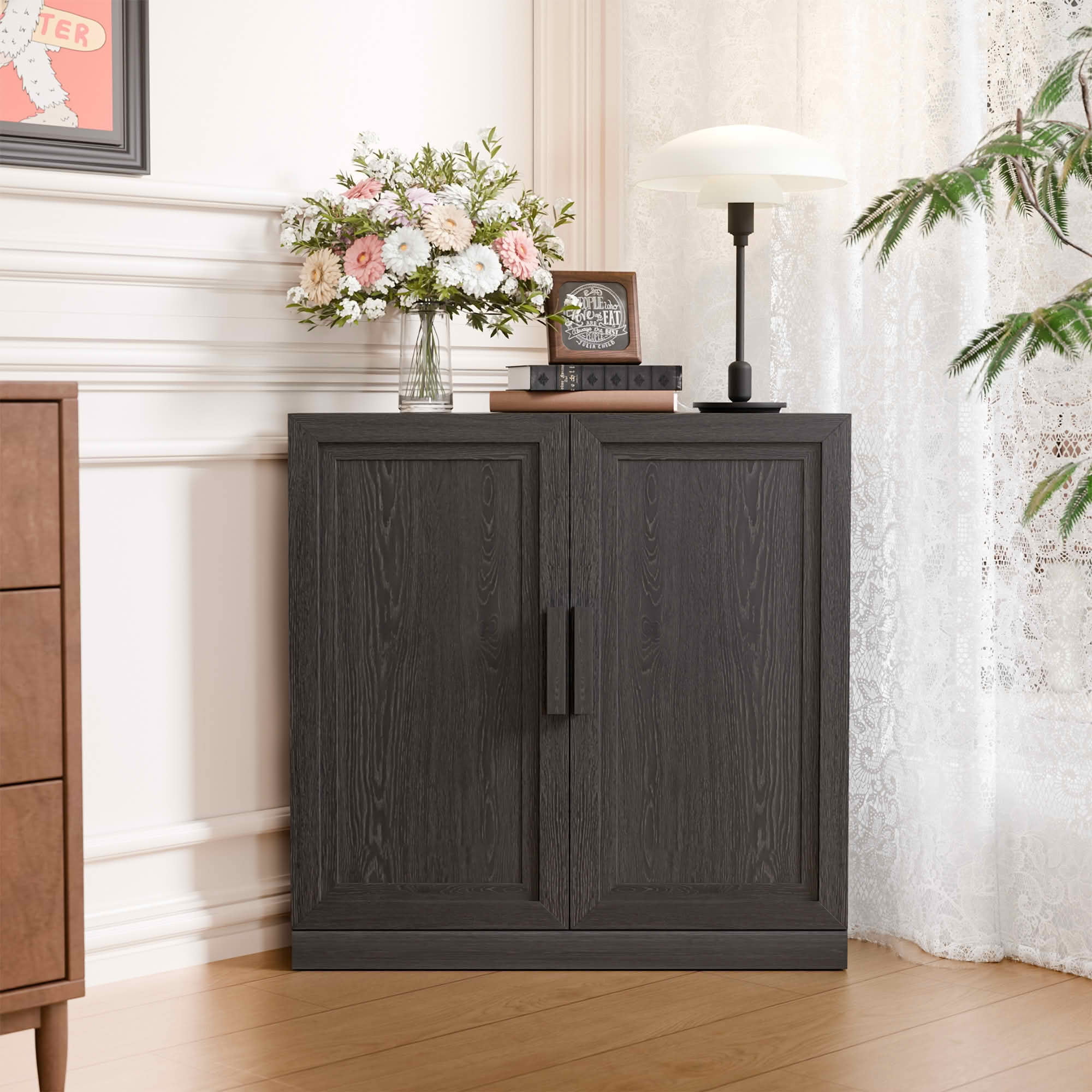 MAYEERTY 31x31x16 Inch Black 2-Door Corner Storage Cabinet with Solid Wood Door
