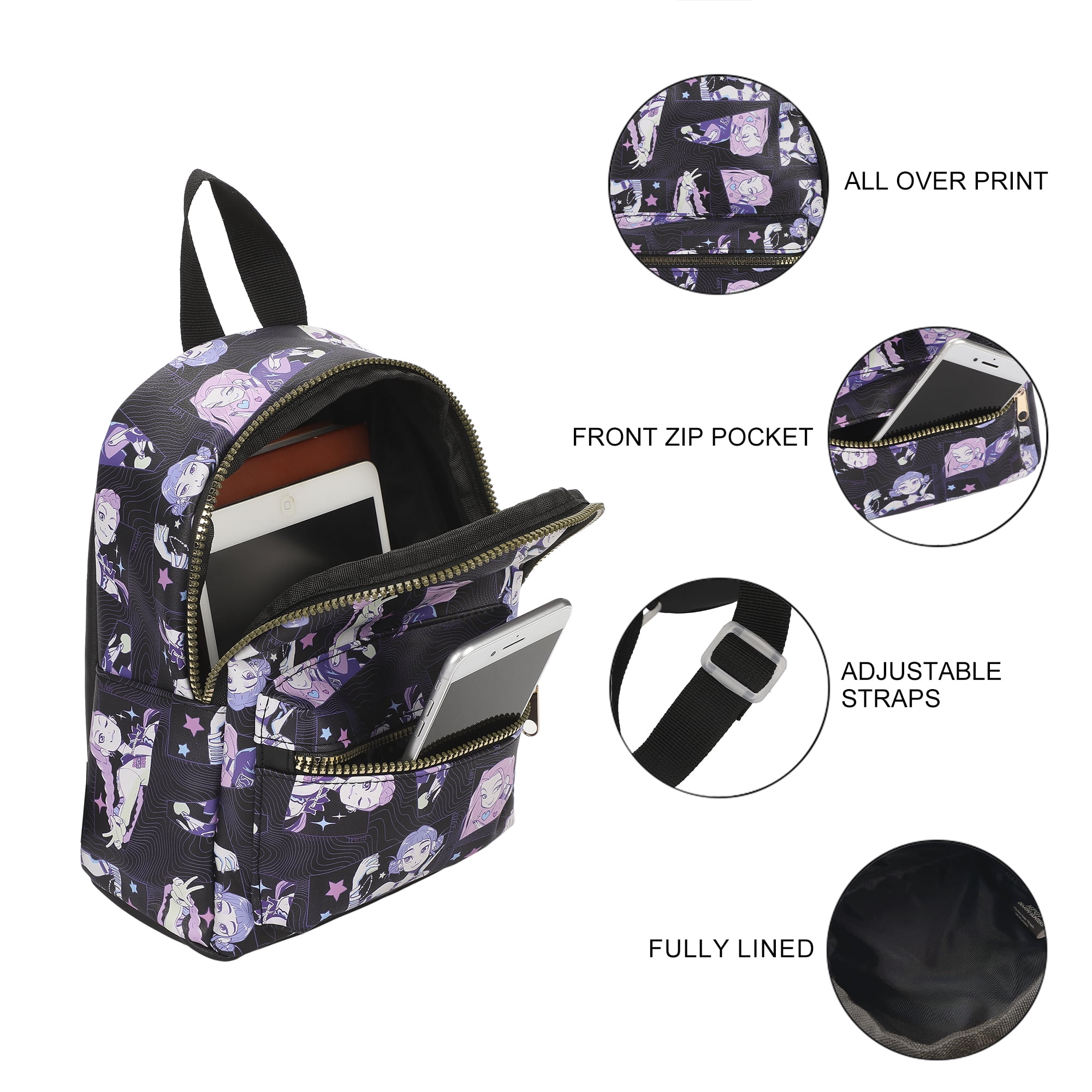KPop Demon Hunters Huntrix AOP Adult Black 11.5" Mini Backpack