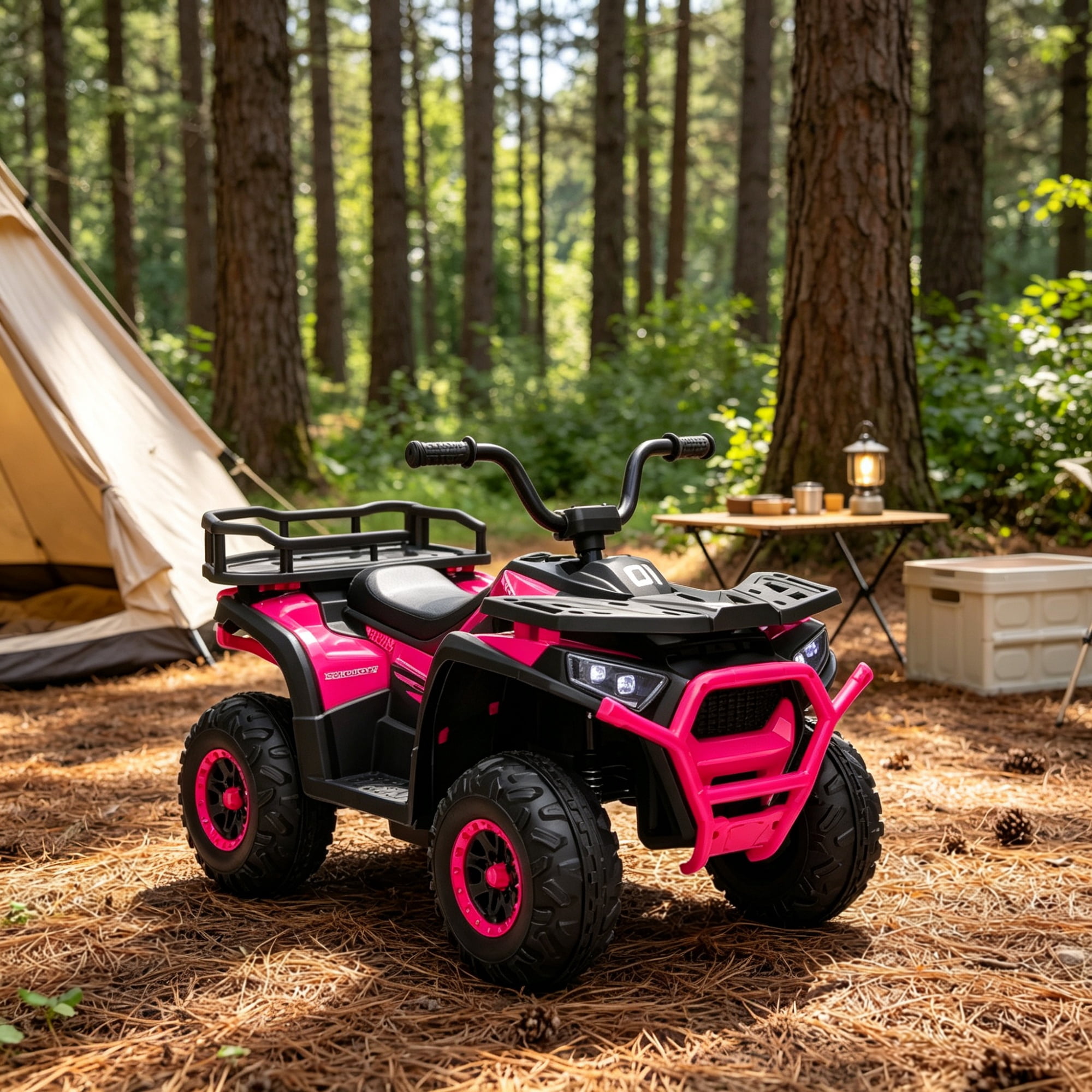 12V Kids Quad ATV, 4 Wheeler with 4 Spring Suspension Wheels, LED Lights, Music USB, Pink