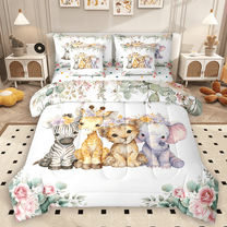 Manfei Kawaii Zebra Giraffe Lion Elephant Twin Bedding Sets 7pcs, Jungle Animal Bedding Comforter Set, Pink Blossom Green Leaf Sheet Sets, Breathable Home Decor