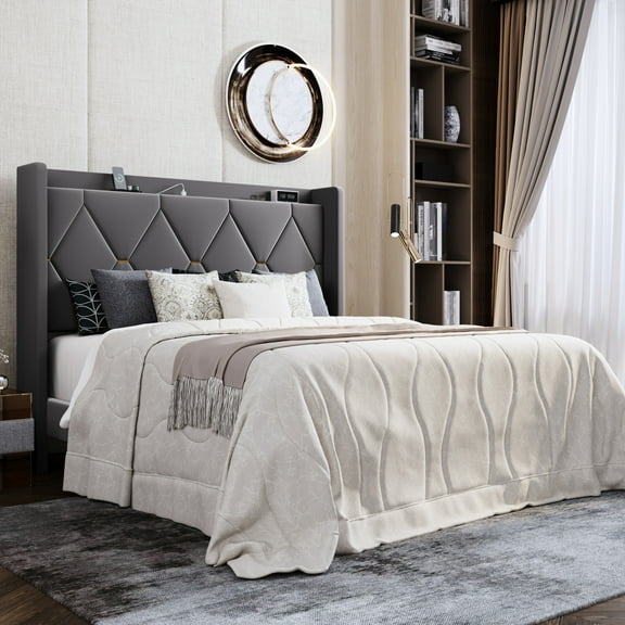 Amolife Queen Bed Frame, Upholstered Platform Bed with Storage Wingback Headboard and Fast Charging Hub, No Box Spring Required, Gray