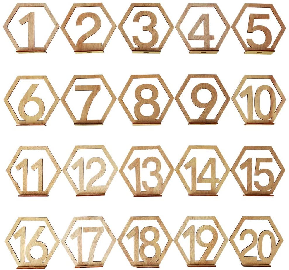 1-40 Wooden Wedding Table Numbers Hexagon Shape with Holder Base Catering Decor 1-40 Wooden Wedding Table Numbers Hexagon Shape with Holder Base Catering Decor