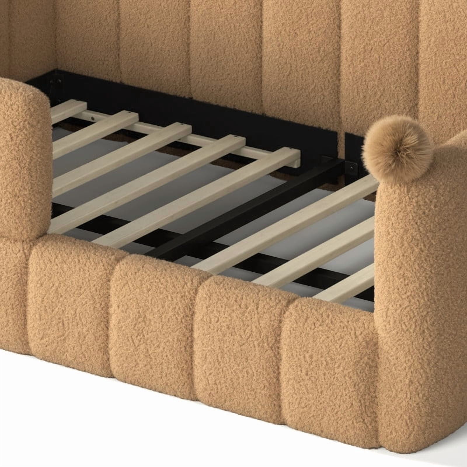 Bellemave Full Size Montessori Floor Bed, Upholstered Teddy Fleece Child Bed Frame with High Rails, 2-in-1 Daybed with Slats for Toddler Boys Girls, No Box Spring Needed,Natural